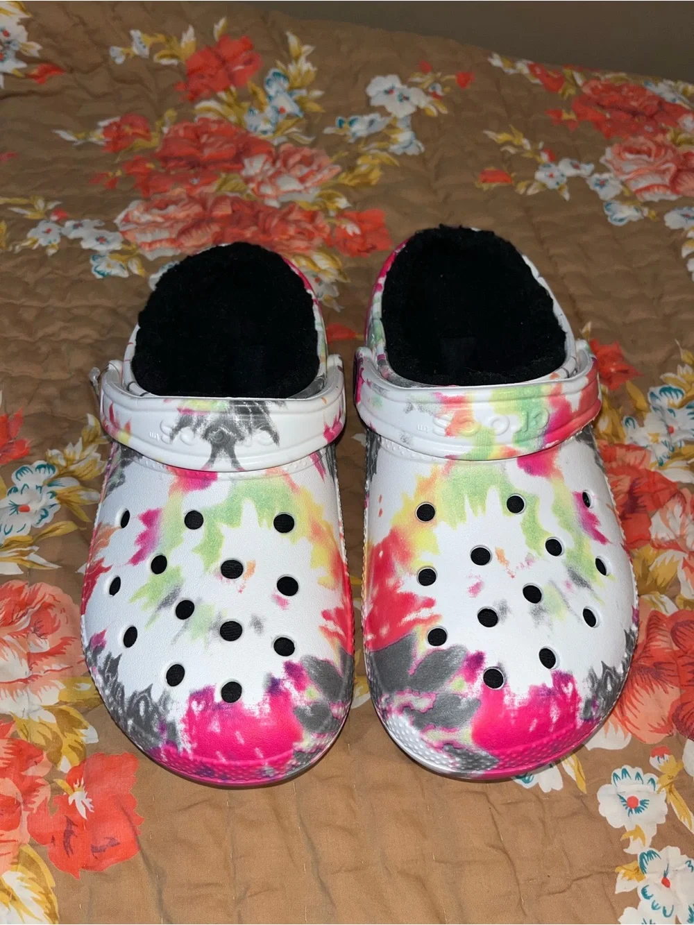 CROCS Kids Tie-Dye Clogs in White with Pink, Green & Gray